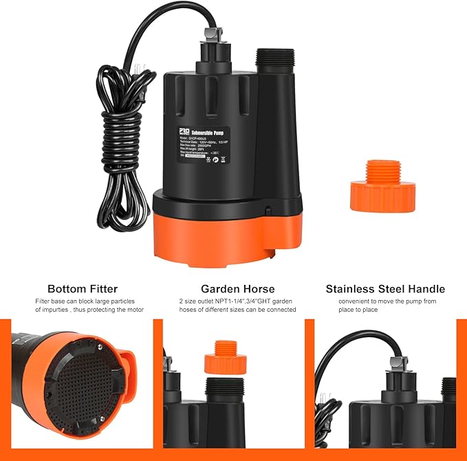Submersible Water Pump, 1/3HP 2500GPH Utility Pump Portable Electric Clean Water Drainage Pump for Pool Draining, Flooding, Swimming Pool and Basement