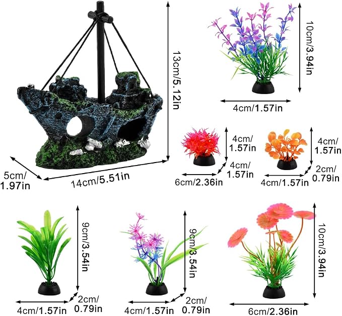 7pcs Fish Tank Decorations,Sunken Ship,Aquarium Artificial Plastic Plants | Aquarium Shipwreck x 1pc, Aquatic Plants x 6pcs,Goldfish Betta Fish Tank Accessories Small Large Fish Bowl Ornaments