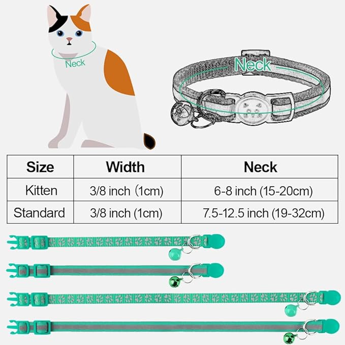Taglory Kitten Collar Breakaway with Bell, Reflective Soft Cat Collar for Small Kittens, Adjustable 6-8 Inch High Visibility Night Strip, Lightweight for 2-6 Months Baby Cats, 2 Pack, Turquoise