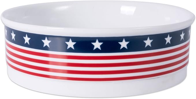 Bone Dry Ceramic Food & Water Bowls for Pets Non-Slip for Secure, Less Messy Feeding, Microwave & Dishwasher Safe, Single Dish Large, 7.5x2.4", Red White & Blue