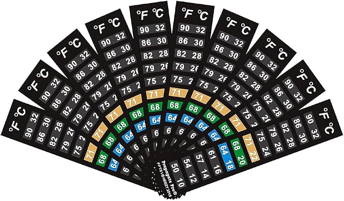 Stick On Thermometer Strip, 50-90F, 10-32C, Vertical, 10-Pack | For Fish Tanks, Aquarium Thermometer, Kombucha, Beer and Wine Fermentation, Vertical Temp Strips, Color-Changing Display
