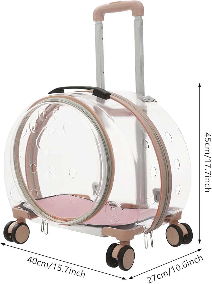 Cat Carrier with Wheels, Breathable Cat Rolling Carrier with Telescopic Handle, Bubble Cat Backpack Carrier, Clear Pet Travel Bag for Small Dogs Pets, up to 19lbs, 15.7" x 10.6" x 17.7" (Pink)