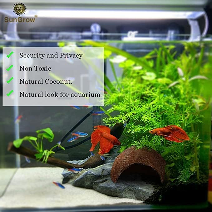 SunGrow Betta Fish Caves, Habitat Made from Coconut Shell, Soft-Textured Smooth Edged Spacious Hideout for Resting and Breeding, 2 Pcs
