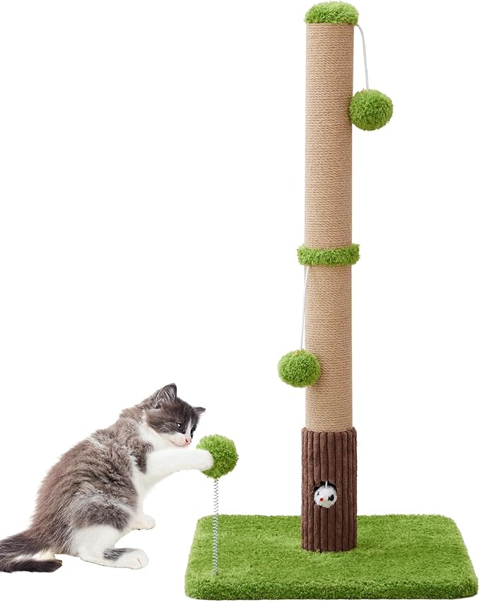 Woochpet 33" Tall Cat Scratching Post for Indoor Cats, Premium Sisal Scratch Posts with Cat Toys and Fun Mouse Holer for Cats at All Ages, Scratcher Tree with Reinforced Stable Base (Green)