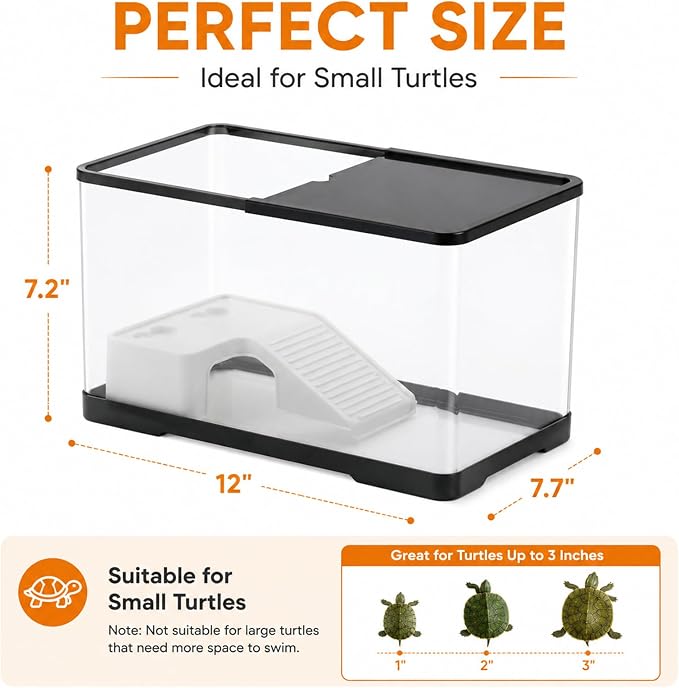 Turtle Tank Starter Kit– Acrylic Aquarium with UVB/UVA Lamp, 3W Quiet Filter, Basking Platform & Lid – Complete Habitat for Baby Turtles, Crabs, Amphibians & Small Reptiles