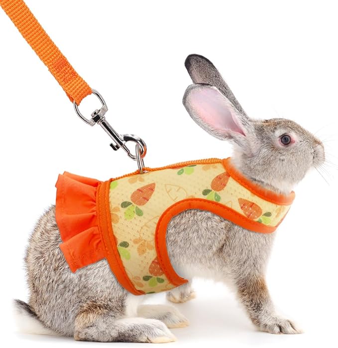 Hotlion Guinea Pig Harness and Leash Set, Soft Breathable Rabbit Harness and Leash Set Cute Mesh Bunny Vest Harness for Rabbit Hamster Clothes Kitten Ferret Puppy Small Pets Walking Gear, Orange L