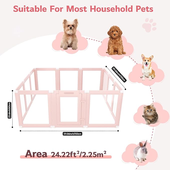 DIY Clear Acrylic Dog Playpen Indoor, Transparent Easy Cleansing Puppy Fence with Suction Cup, Easy-Assemble Indoor Whelping Crate for Small Puppies (23.6" H, 12PCS), Pink