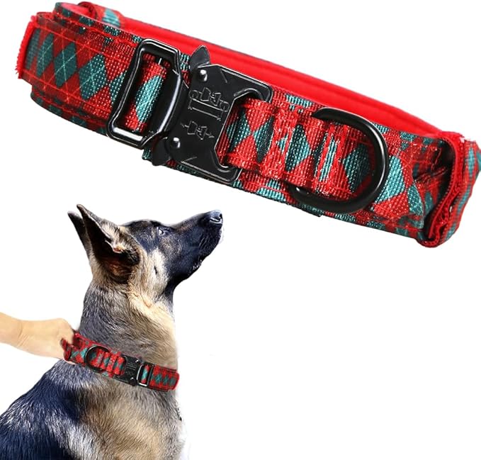 Christmas Tactical Dog Collar Adjustable Nylon Dog Collar Metal Buckle with Handle for Dog Training (Christmas Green XXL)