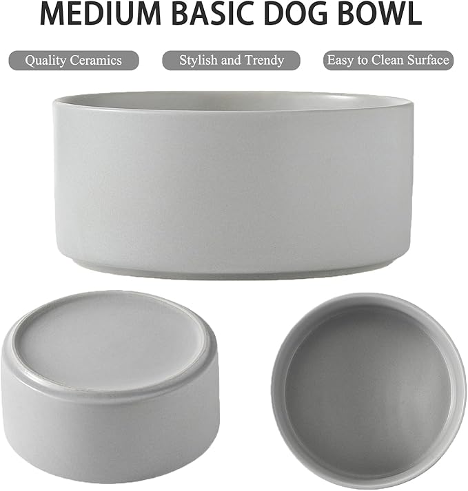 Ceramic Set of 2 Dog Bowls - Classic Dogs Food & Water Bowl for Small and Medium Breed, Heavy-Duty Non-Slip Dog Dishes, Food Grade Pet Bowl, Dishwasher & Microwave Safe (6'', 2 * 30OZ, Grey)