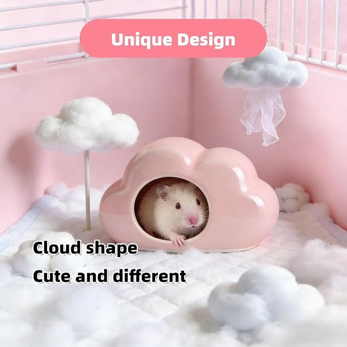 Cloud-Shaped Ceramic Hamster Hideout Cool Summer Cute Guinea Pig Bed House for Dwarf Hamsters, Mices, Gerbils (Pink,L)