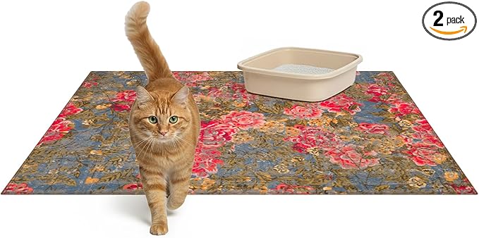 Lovewag Pets Cat Litter Box Mats 2 Pack - Large 36x48 Inch Machine Washable, Easy Clean, Non-Slip, Waterproof Mats for Indoor Cats - Kitty Litter Mess Control & Urine Floor Protection (Heirloom Rose)