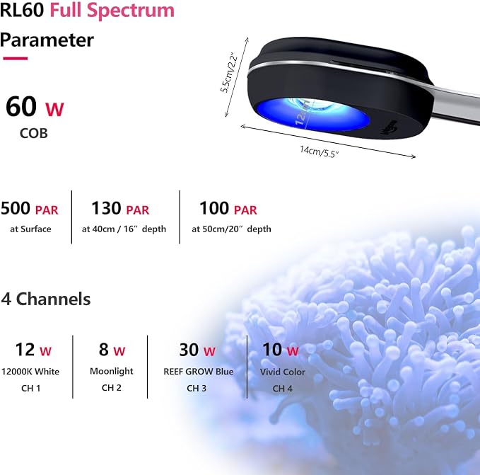 PopBloom RL60 WiFi Reef LED Light, 60W Full Spectrum Marine Reef LED Aquarium Lighting for Soft/LPS Corals & Saltwater Fish Nano Tanks, Built-in Timer, WiFi Phone Programmable, Sunrise Sunset