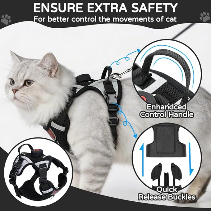 Large Cat Harness and Leash Set with Holder Compatible with AirTag, Upgraded Escape Proof Vest for Extra Large Cats Small Dogs Puppy, Mesh Outdoor Walking Jacket, Reflective Adjustable, Black, XL