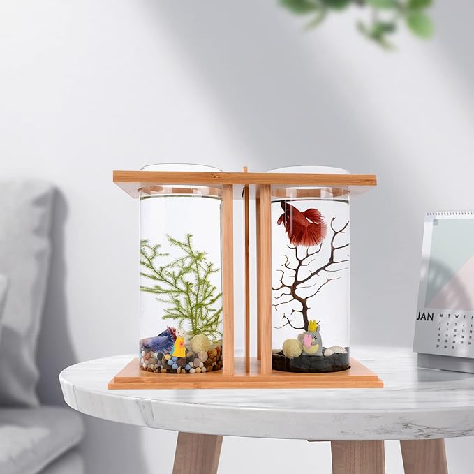 Desktop Mini Fish Tank, Dual Cylinder Glass Aquarium with LED Light, Bamboo Frame 360° View, Small Betta Goldfish Tank for Home Office Desk, 3.35 inch Diameter