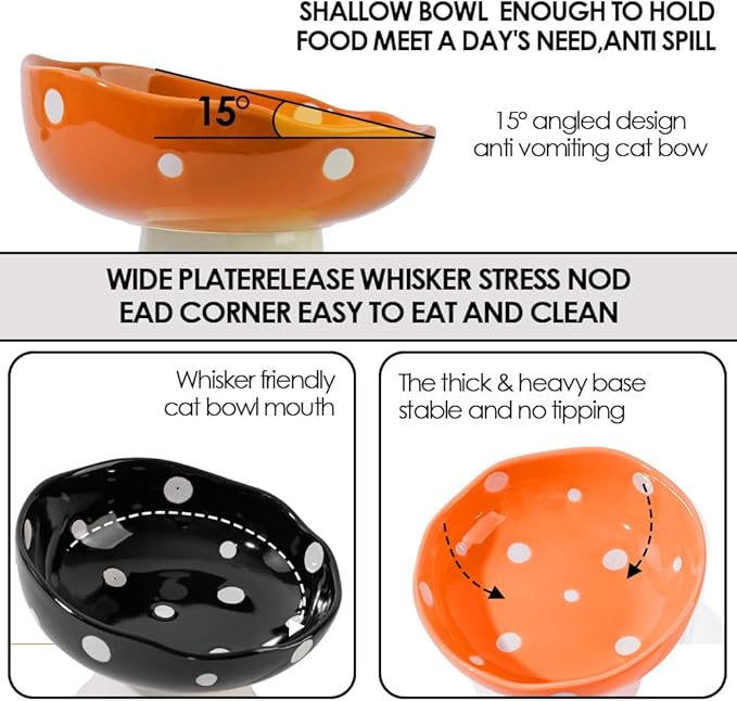 Ceramic Elevated Cat Bowls, Tilted Raised Pet Dish Anti Vomit Kitten Bowl for Indoor Cats, Whisker Friendly Pet Food and Water Bowl for Kitten, Cat, Puppies, Dishwasher Safe (Orange)