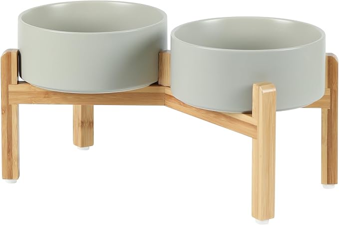 Havniva Ceramic Raised Double Bowls Set with Stand, Food & Water Bowls for Medium Breed Dogs, Weighted Dog Dishes, Pet Bowl(7.3'',41OZ, Grey)