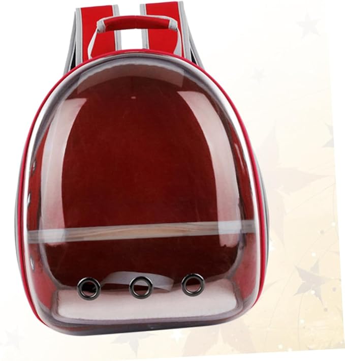 Portable Pet Backpack for Birds Breathable Capsule Carrier Ventilation and Inner Wooden Bar for Outdoor Travel Red Transparent Parrot Bag