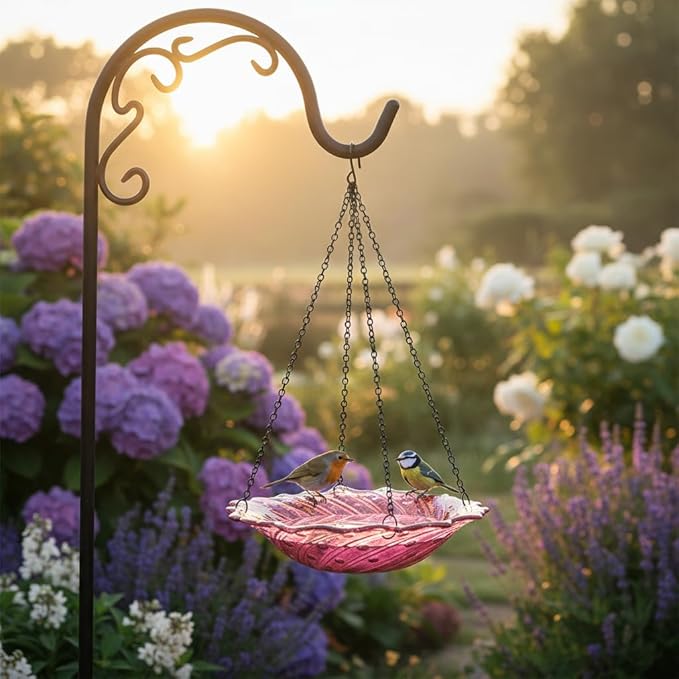 HONGLAND Bird Baths for Outdoors, 11" Pink Glass Birdbaths Outdoor Birdfeeder with Metal Stake