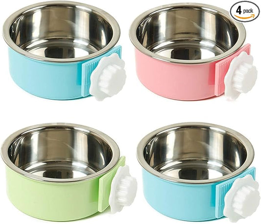 kathson Crate Dog Bowl, Removable Stainless Steel Hanging Pet Cage Bowl Food & Water Feeder Coop Cup for Cat, Puppy, Birds, Rats, Guinea Pigs (4 PCS, Size: L, 2×Blue,1×Pink,1×Green)