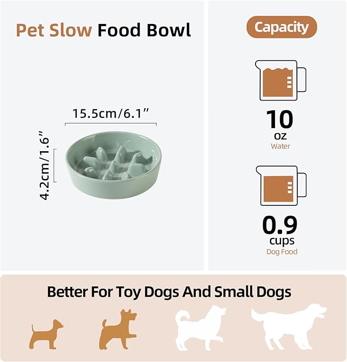Havniva Ceramic 0.9 Cup Dog Bowl Slow Feeder, 6.1inch Slow Pet Food Dish for Small Dog and Cat, Stop Bloat, Preventing Choking(Single Bowl, Light Green)