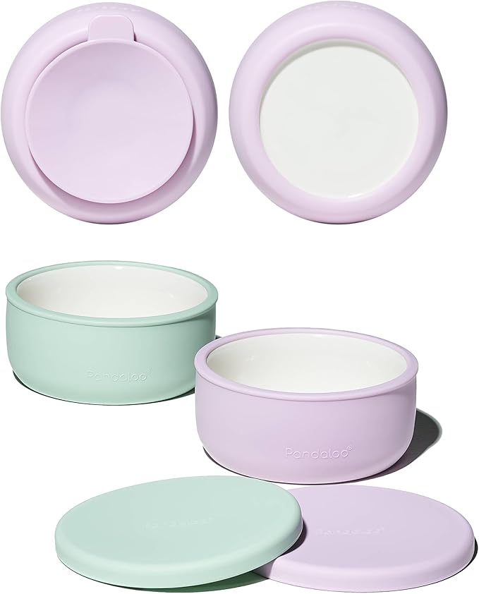 Pandaloo Porcelain Kids Bowls with Removable Silicone Sleeve & Lid – Strong Suction Base, Microwave & Dishwasher Safe, Toddler-Proof, Non-Slip Ceramic Feeding Bowls for Babies & Toddlers (Set of 2)