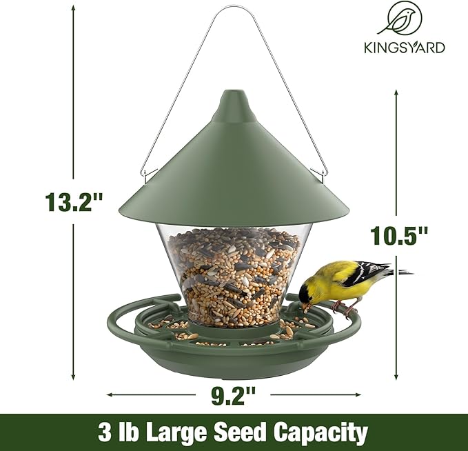 Kingsyard Wild Bird Feeder for Outdoors Hanging, No-Waste Tray with Seed Guard & Circular Perch, Garden Yard for Cardinal Finch, 4 lb Large Capacity, Green