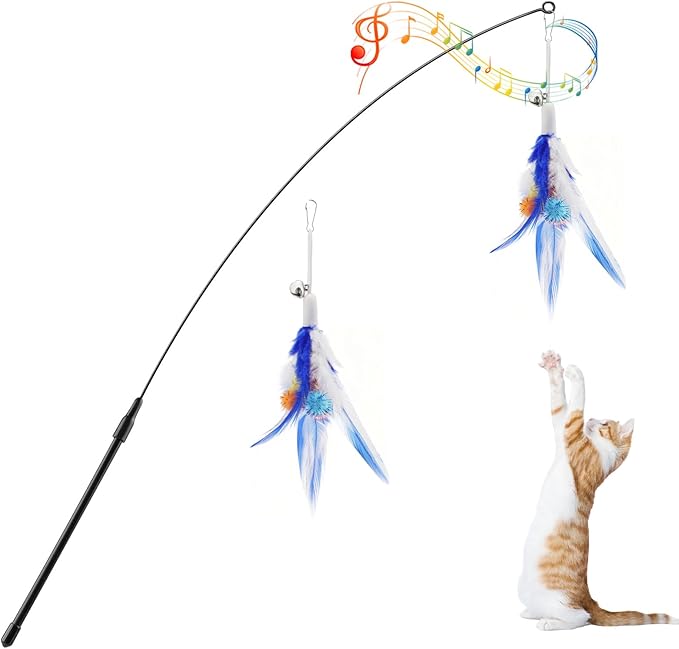 Pawaboo Feather Teaser Cat Toy, Interactive Feather Wand Cats Toy Flying Feathers Cat Catcher with Extra Long 34.5" Wand and Small Bell, Exerciser Playing Toys for Kitten or Cats, Blue
