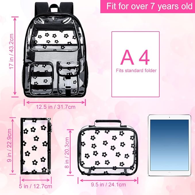CCJPX 3Pcs Clear Backpack for Girls, School Transparent Bookbag, Heavy Duty See Through Backpacks for Teens Elementary