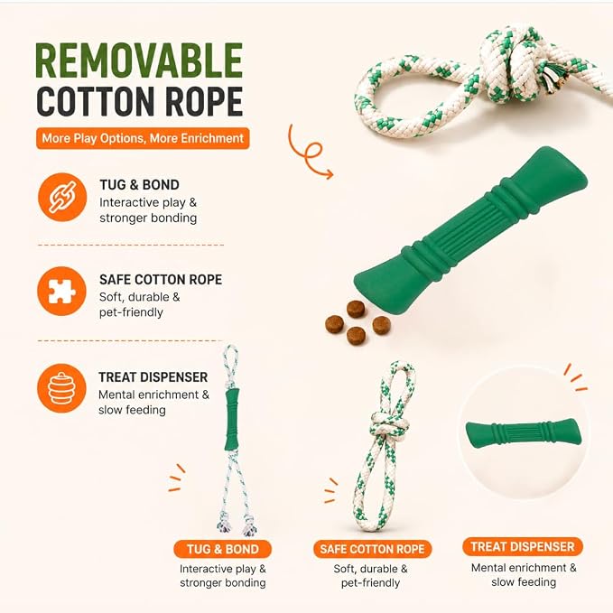 Green Sheep Tug & Enrichment Dog Toy, Interactive Rope Bone Toy with Removable Cotton Rope, Treat Dispensing Natural Rubber Dental Chew Toy for Medium and Large Dogs, Green