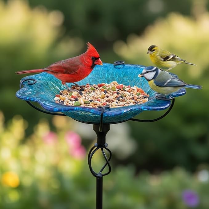 HONGLAND Bird Baths for Outside,11" Small Blue Glass Birdbaths Outdoor,Detachable Bird Feeder with Metal Stake for Garden Yard Patio Decor,30" Height