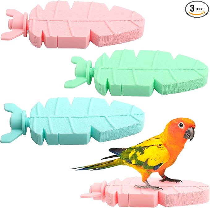 3 Piece Bird Beak Grinding Stone, Natural Claw Trimmer and Perch Platform, Cage Accessories for Cockatiels, Budgies and Conures, Pink Blue Green