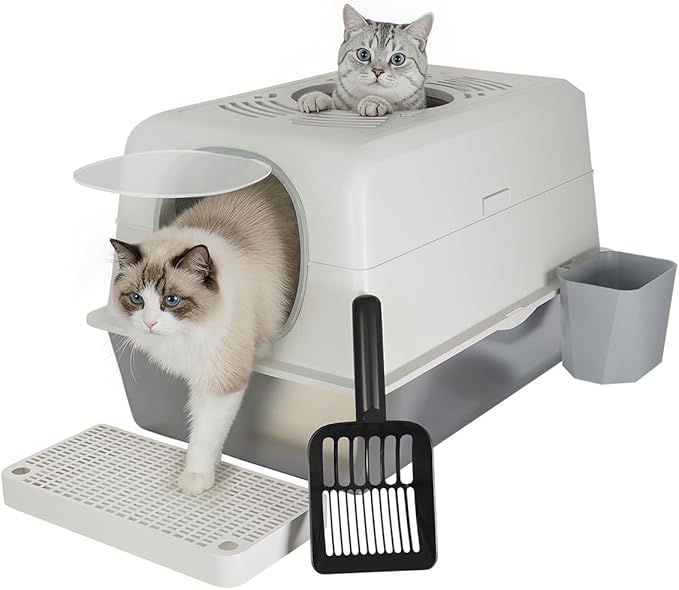 XL Stainless Steel Cat Litter Box with Lid, Enclosed High-Sided Top-Entry Design, Large Metal Kitty Litter Box Equipped with Scoop and Trash Bin, White