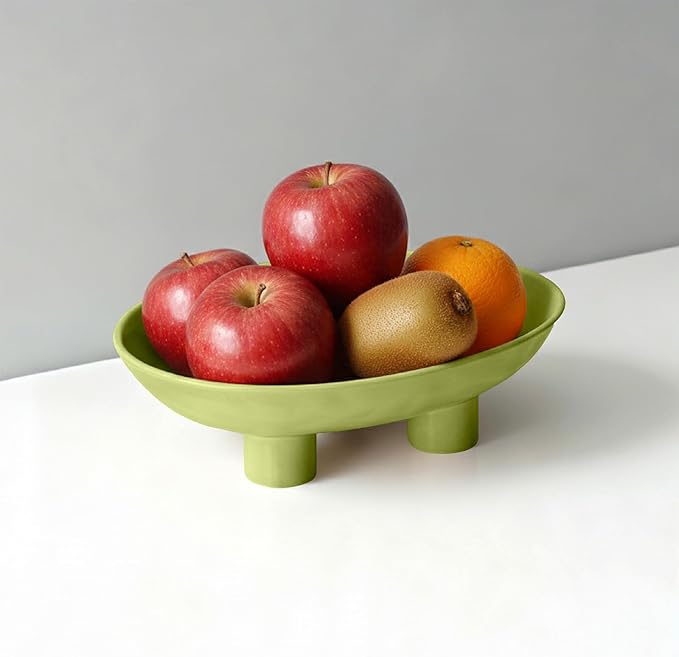 Three-Leg Ceramic Fruit Bowl, 10 Inch Oval Serving Dish for Kitchen Counter, Candy or Key Holder, Home Decor Accent Beige Green