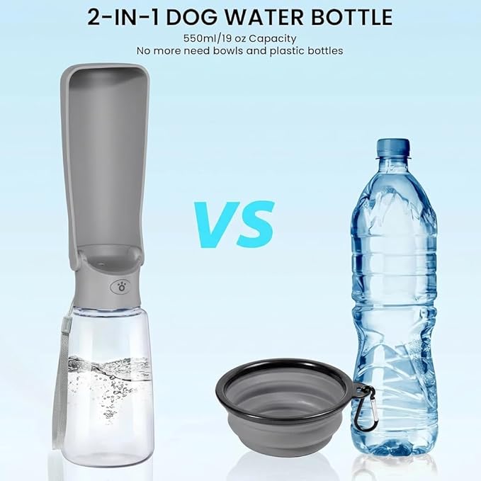 Portable Dog Water Bottle for Walking – 19oz / 12oz Foldable Pet Water Dispenser for Puppies, Medium & Large Dogs – Leak Proof Travel Water Bowl for Small Animals Dog Accessories(19OZ Grey)