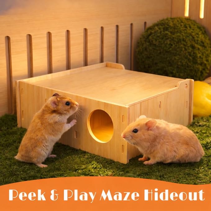 Hamster and Mouse Wooden Tunnel Cage Secret Peep Shed and Explore Hideout Flip Cover Design Hamster Play Tunnel