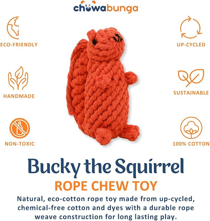 Bucky The Squirrel Dog Toy Handmade Eco Cotton Rope Squirrel Toy for Dogs - Natural, Non-Toxic Dyes, Dog Chew Toys for Small & Medium Breed Dogs, Cats (Large)