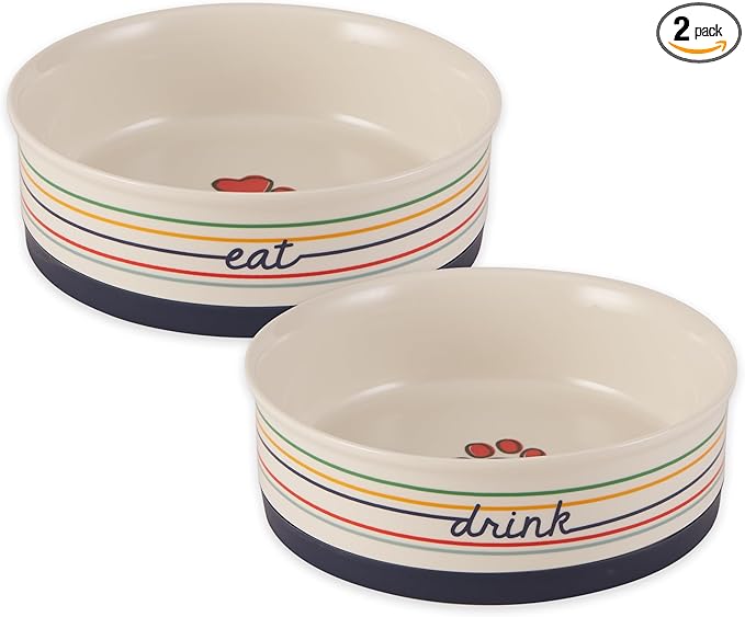 Bone Dry Ceramic Food Bowls, Non-Slip & Dishwasher Safe, Large Set, 7.5x2.4 Eat/Drink