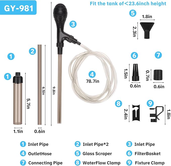 Aquarium Gravel Vacuum, 6.5Ft Hose, Adjustable Manual Siphon for Tanks | 2-in-1 fish tank gravel vacuum w/ brush, 6.5Ft hose, manual siphon, no power needed.