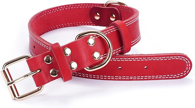 Genuine Leather Dog Collar,Heavy Duty Dog Collar for Small,Medium,Large and Extra Large Dog (S: 0.8" Wide for 13.4"-15.8" Neck, Dual Stitch - Red)