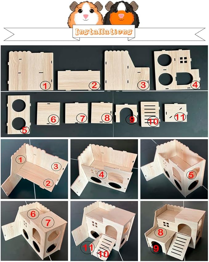Large Hamster Maze Wood House Fun Slide House Guinea Pig Hamsters Hide Out Climbing Ladder Wooden Funny Play Toy Chew Two Layers Hut for Small Animal Rat Mouse Hideout Dwarf Gerbil Syrian Pet