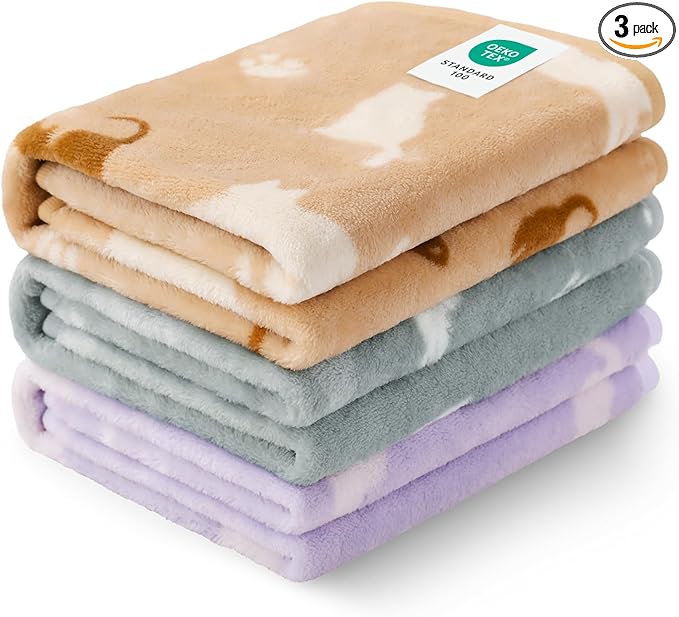 Luciphia 1 Pack 3 Cat Printed Fleece Pet Blankets Washable，Soft Warm Throw Covers for Crate Couch Bed，Cozy Puppy Essentials for Dogs and Cats，Purple/Grey/Khaki, Small (23x16 inch)