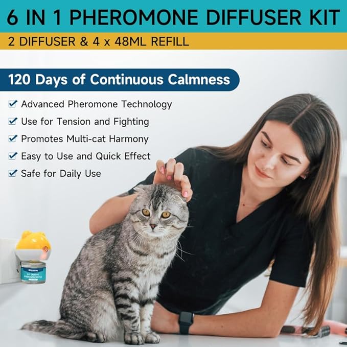 Woyamay Cat Calming Diffuser - Cat Pheromones Calming Diffuser for Cat Anxiety Relief 6-in-1 Cat Pheromone Diffuser Kit with 2 Diffuser + 4 Refill 48ml Vial - 120 Days Pheromone Diffuser to Calm Cats