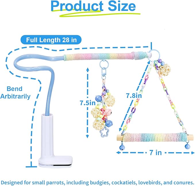 Flexible Bird Perch Stand with Swing - Desktop Playground & Bird Toy for Conure, Cockatiel, Budgie, Lovebird, Parakeet - Non-Slip Adjustable Parrot Perch (Blue)