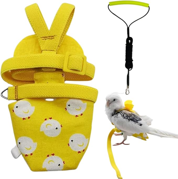 Adjustable Bird Diaper Harness Flight Suit Clothes with 80 Inch Flying Leash Rope for Parrots Conure Cockatiel (Yellow,M)