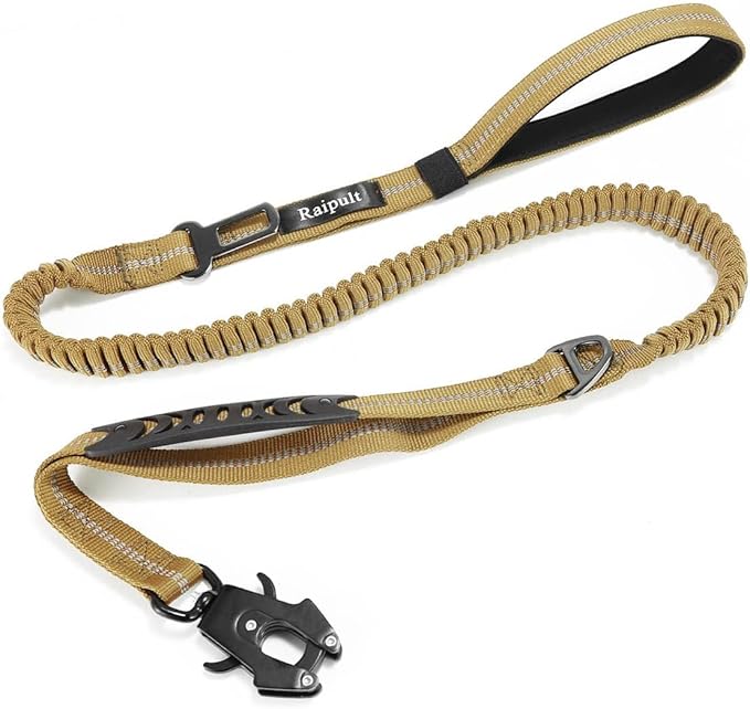 Raipult Tactical Dog Leash Heavy Duty, 4-6FT Shock Absorbing Bungee Leash with Quick Release Clip& 2 Handles, No Pull Waking Lead with Car Seatbelt for Medium Large Dogs that Pull,Khaki