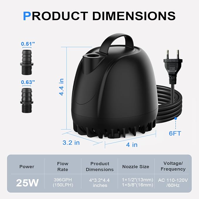 hygger 369GPHSubmersible Aquarium Water Pump (1500L/H 25W) with 2 Nozzles | Ultra Quiet Fish Tank Pump with Ceramic Shaft, Overheat Protection for Aquarium, Pond, Hydroponics (6.5ft Lift)