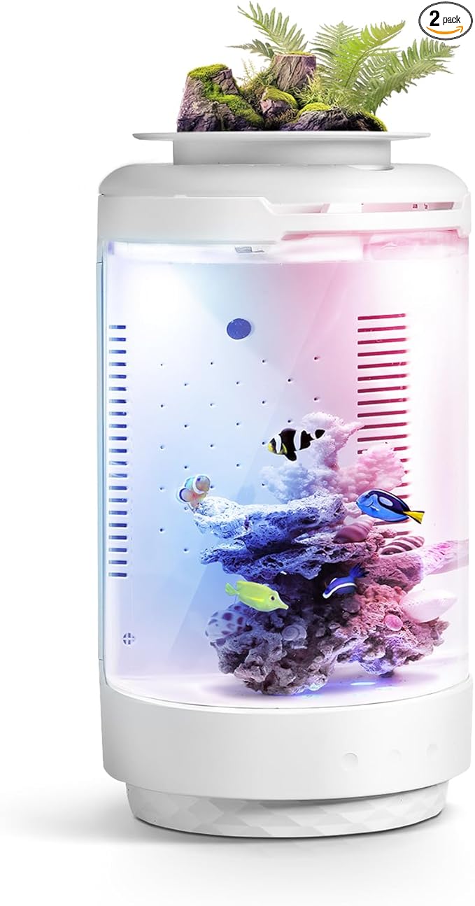 FZONE 1.2Gal Small Fish Tank with Plant Pot, All-in-one Desktop Aquarium Kit with Adjustable 4 Color Light Modes,20dB Filtration Pump,Detachable Backdrop,Invisible Touch Switch, Office & Home Decor