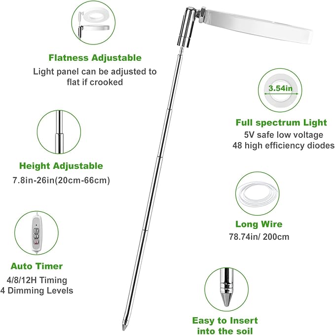 LORDEM Full Spectrum LED Grow Light for Indoor Plants | Height Adjustable, Auto On/Off Timer 4/8/12H, 4 Dimmable Brightness, Ideal for Small Plants
