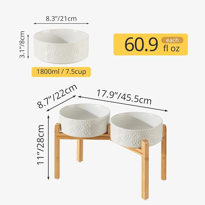 Elevated Ceramic Dog Bowls, 8.3" Dog Dishes with Stand, Elevated Food & Water Bowls for Large Breed Dogs, 2 Non-Slip Feeding Bowls, Microwave Safe (Double Bowls + Stand - White, 8 inch)