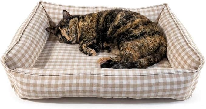 Gingham Dog Bed for Small Dogs, Small, Beige | Washable Removable Cover, Supportive Sponge Base, Bolsters